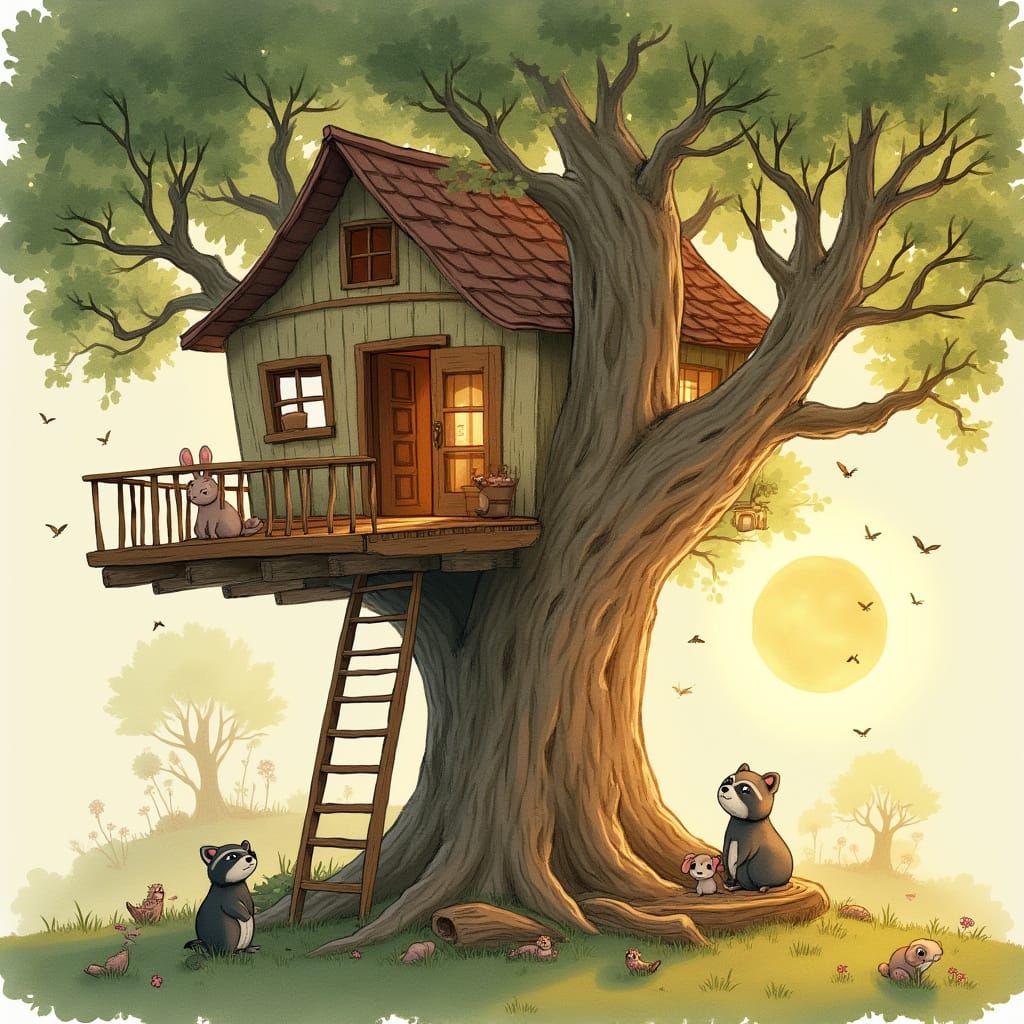 Enchanted Treehouse Scene in Watercolor Style
