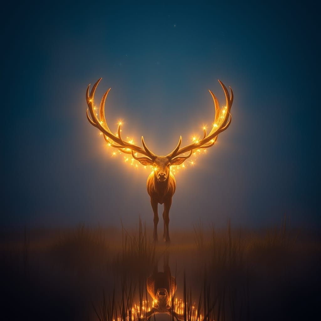 Luminous Stag with Star Antlers in Moonlit Lake