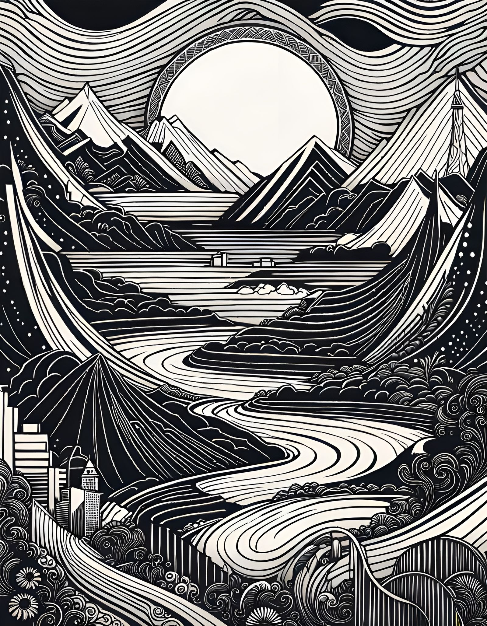 Moonlit Ocean City: Intricate Line Art