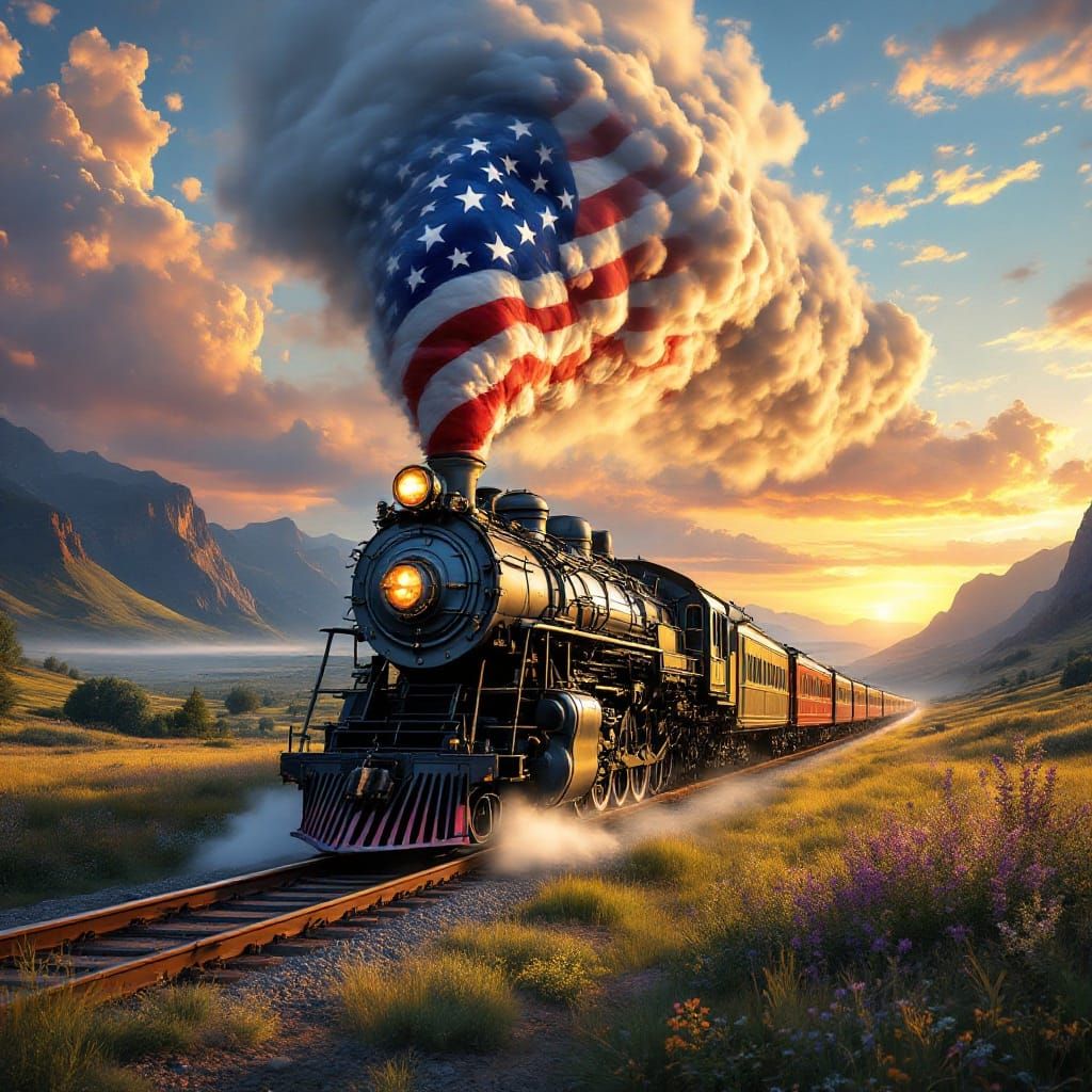 Vintage Locomotive Emits Patriotic Smoke in Sunset Valley