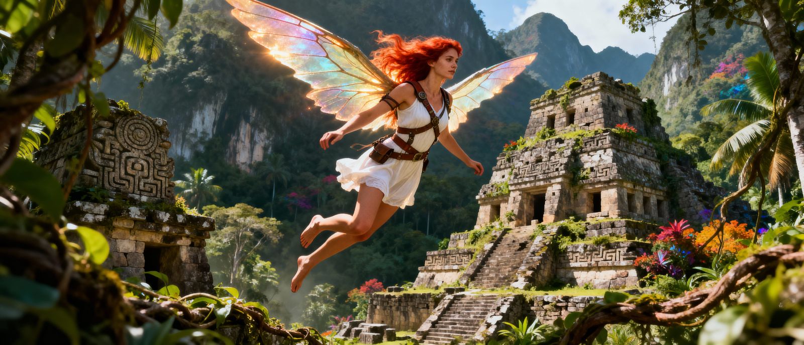 Woman Flying Over Incan Temple in Sundress