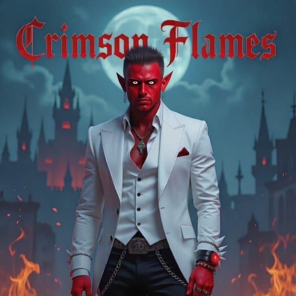 Crimson Flames Book Cover with Gothic City and Punk Man