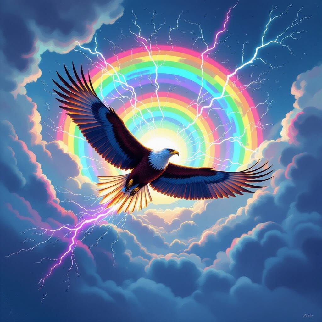 Electric Thunderbird Soaring Through Storm Clouds in Street ...