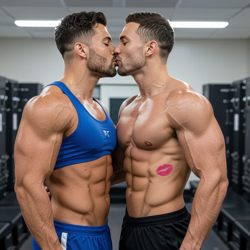 Muscular Men Kiss in Locker Room with Lipstick Mark