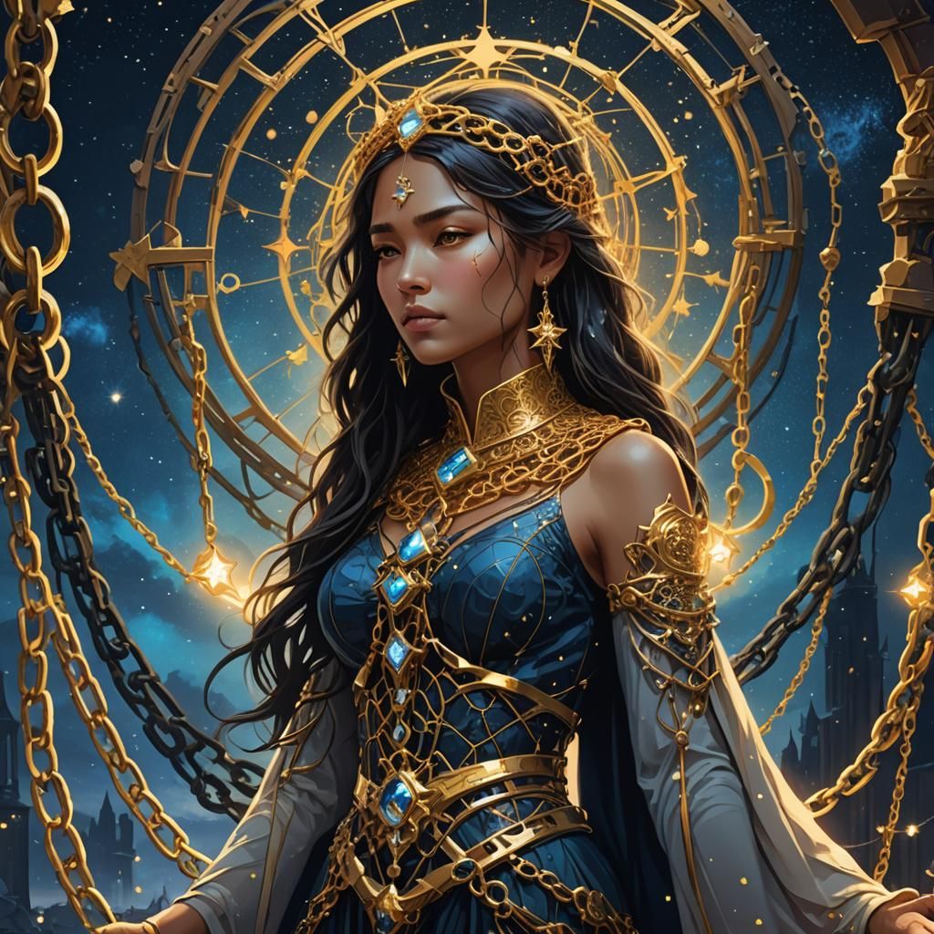 Mysterious Woman Amidst Golden Empire and Broken Chains