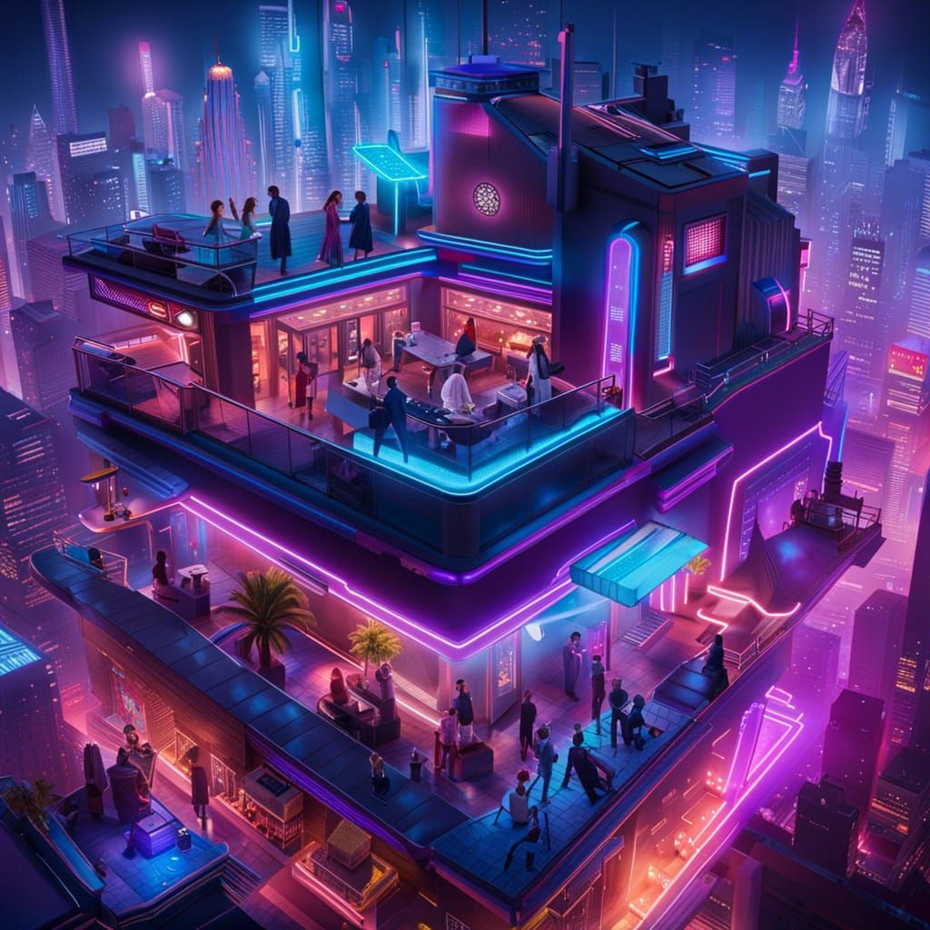 Cyberpunk Rooftop Disco Party with Hoverboards