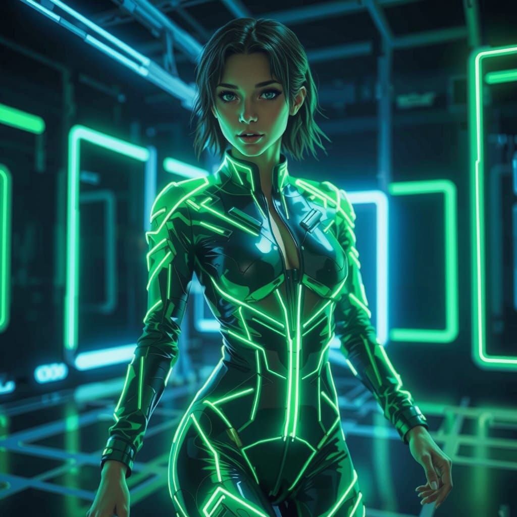 Electric Green Cyberpunk Goddess in Digital Hub