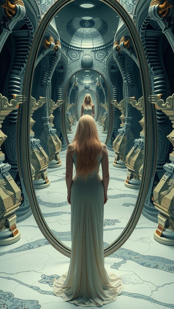 Woman Lost in Infinite Mirror Reflections in Surreal Atmosph...