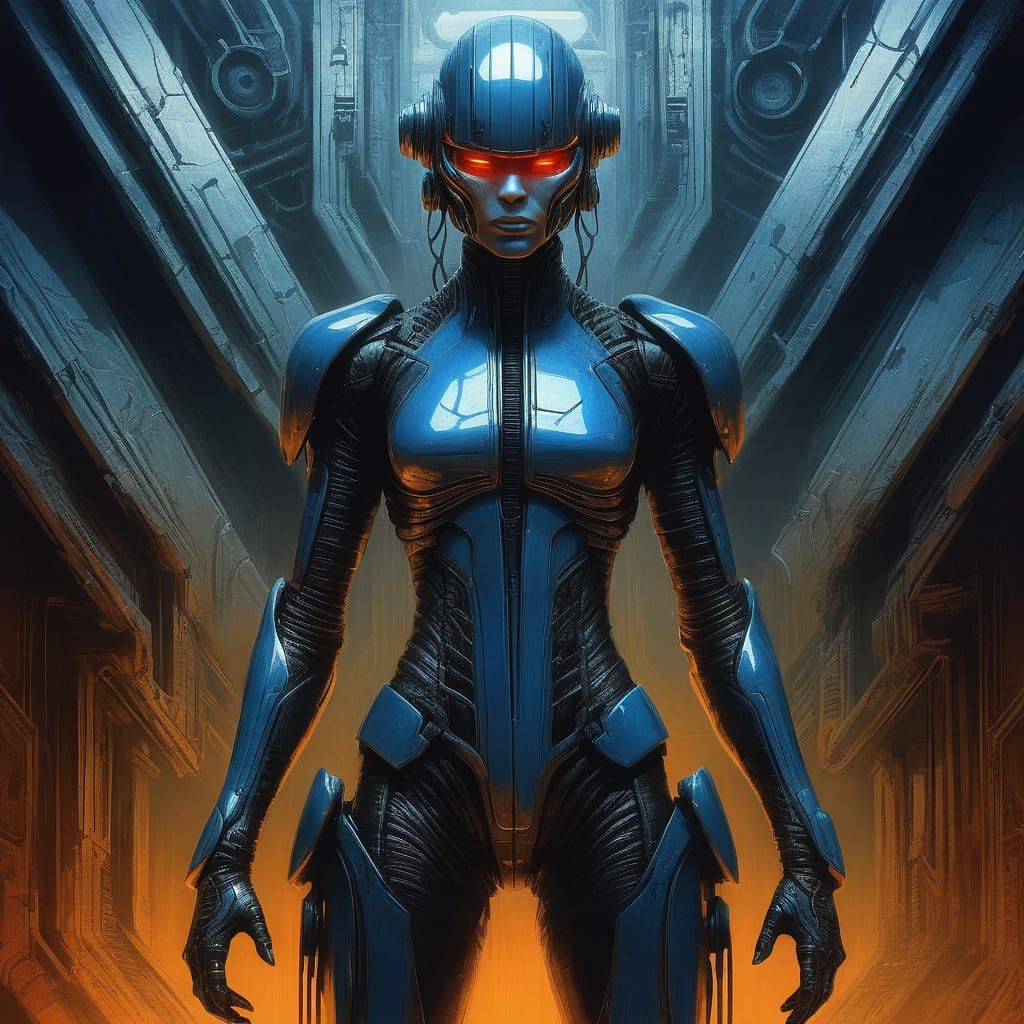 Athletic Woman in Futuristic Armor, Posing in a Post-Apocaly...