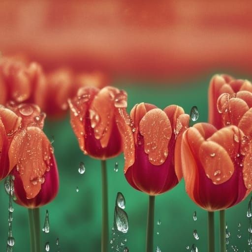 Raindrops on Orange Tulips: Realistic Detailed Nature