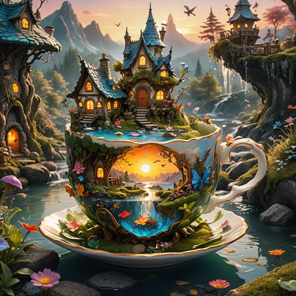 Magical Fairy Village Inside Teacup at Sunrise
