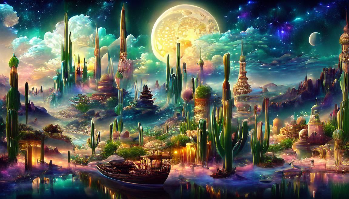 Moonlit Desert Oasis City in Fantasy Style