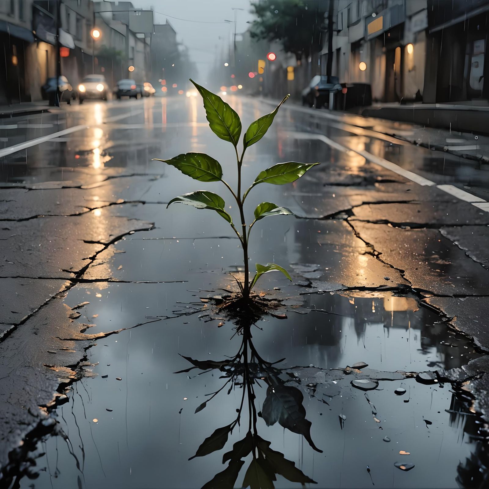 Resilient Seedling Sprouts in Asphalt Crack: Surreal Art
