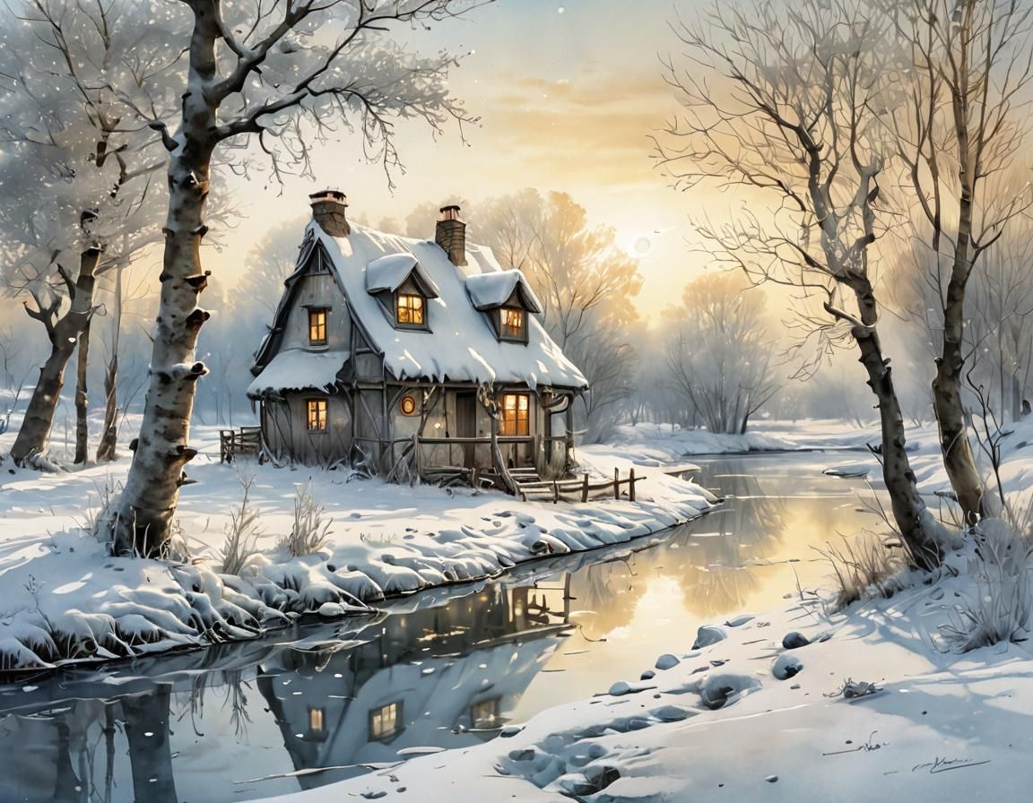 Iced River in Winter Landscape: Watercolor and Ink