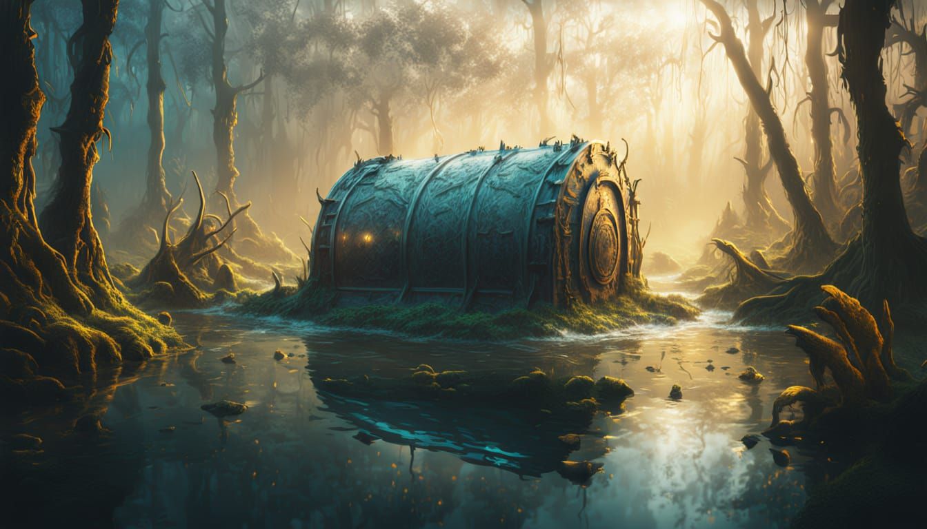 Cryostasis Chamber Sunk in Swamp: Hyperrealistic Concept Art