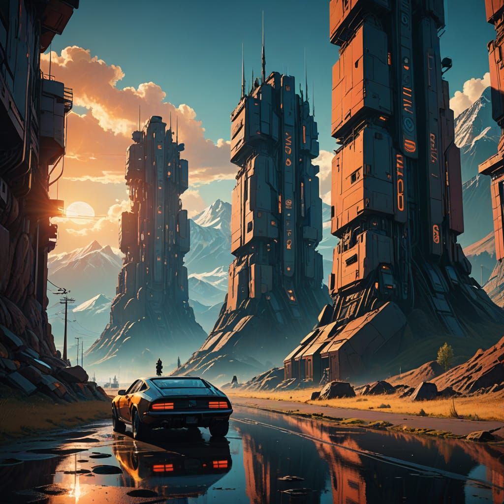 Cyberpunk Titans Tower Amidst Golden Light