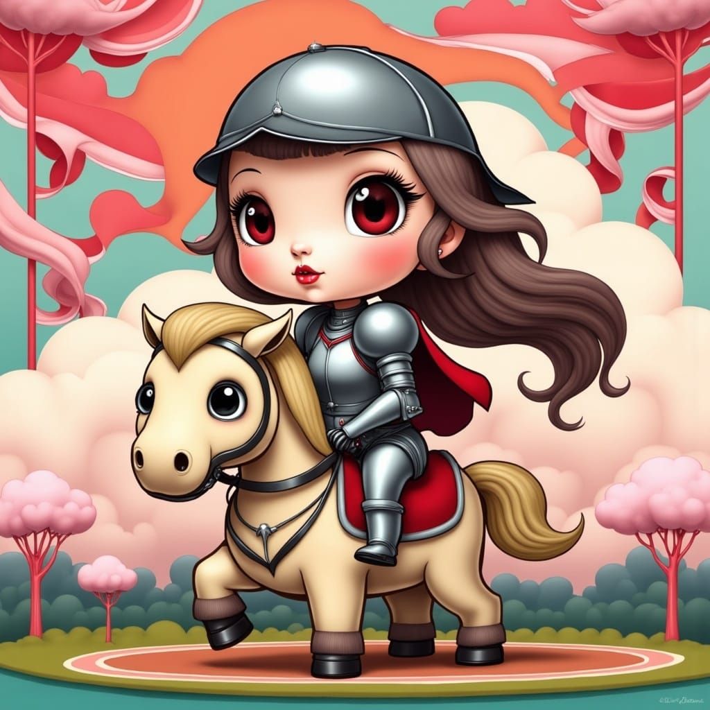 Chibi Female Knight on a Fluffy Horse in Vibrant, Whimsical ...