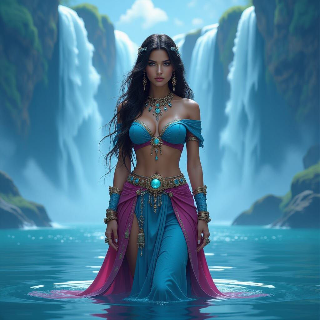 Futuristic Woman at Waterfall in Fantasy Concept Art