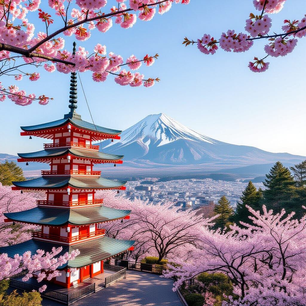 Mount Fuji and Chureito Pagoda with Cherry Blossoms in Early...