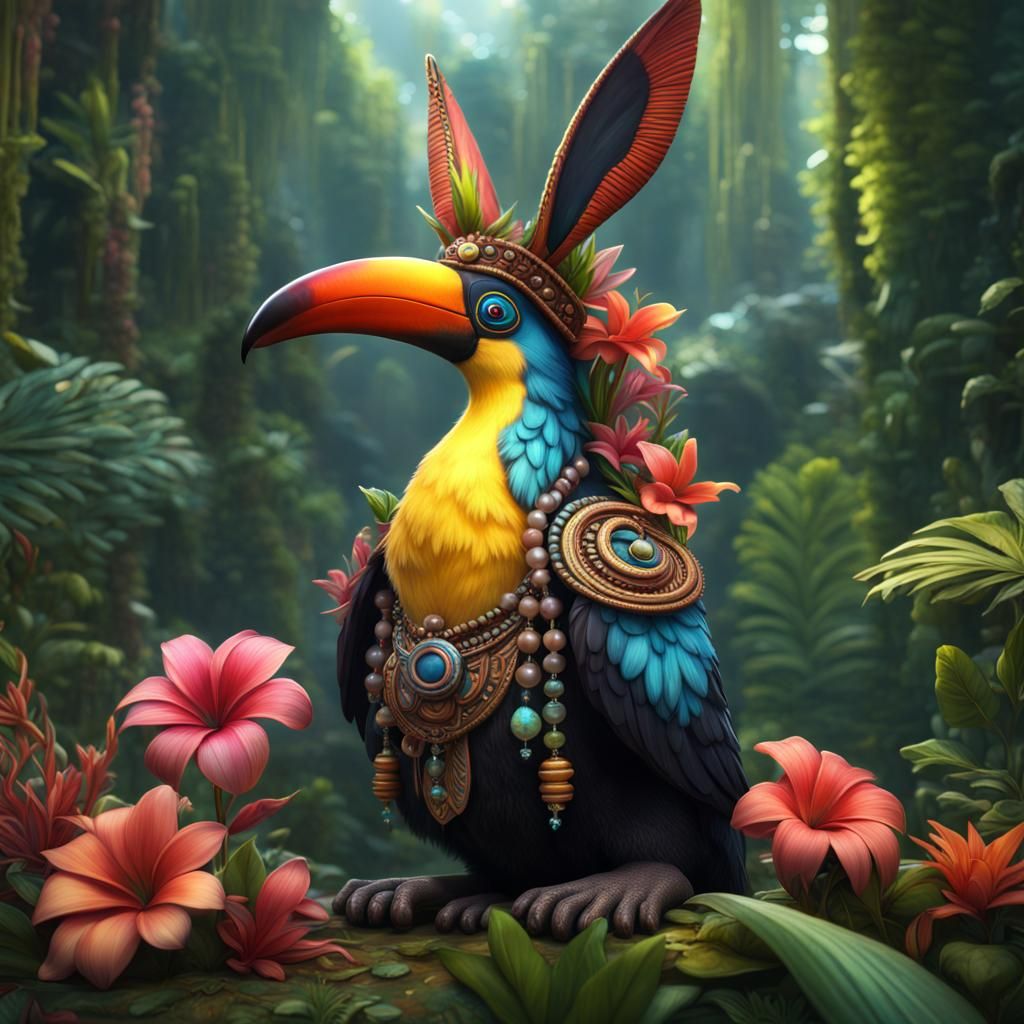 Exotic Bunny Toucan in Jungle Temple, Digital Art