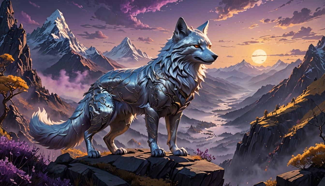 Silver Kitsune in Mountain Dusk: A Dark Fantasy Masterpiece