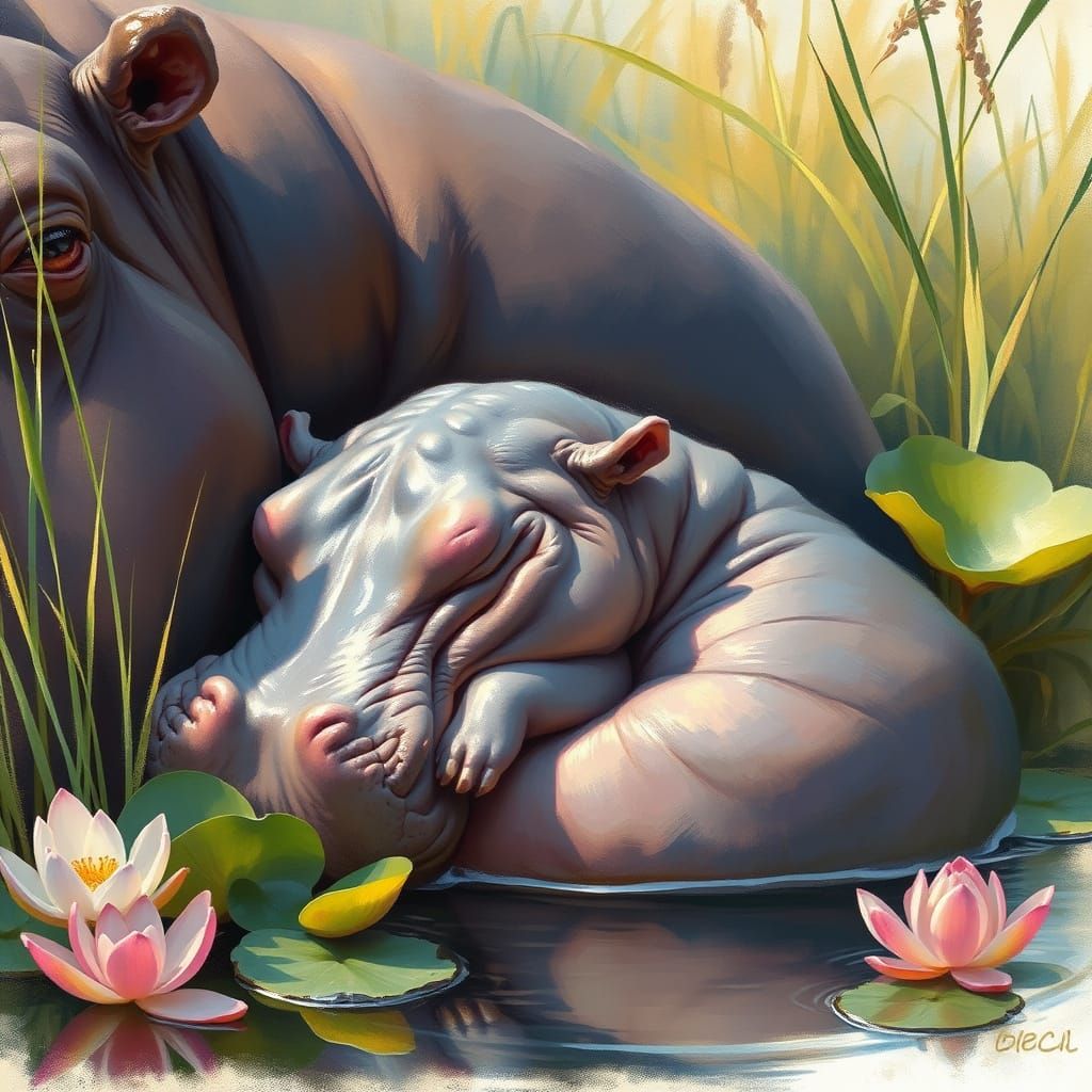 Serene Baby Hippo in a Lush Savannah Scene
