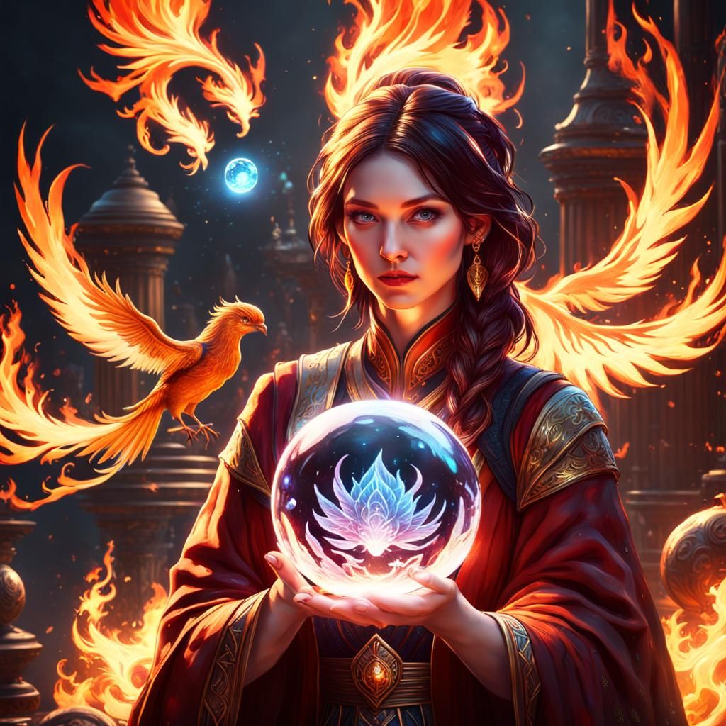 Girl with Crystal Ball and Flaming Phoenix