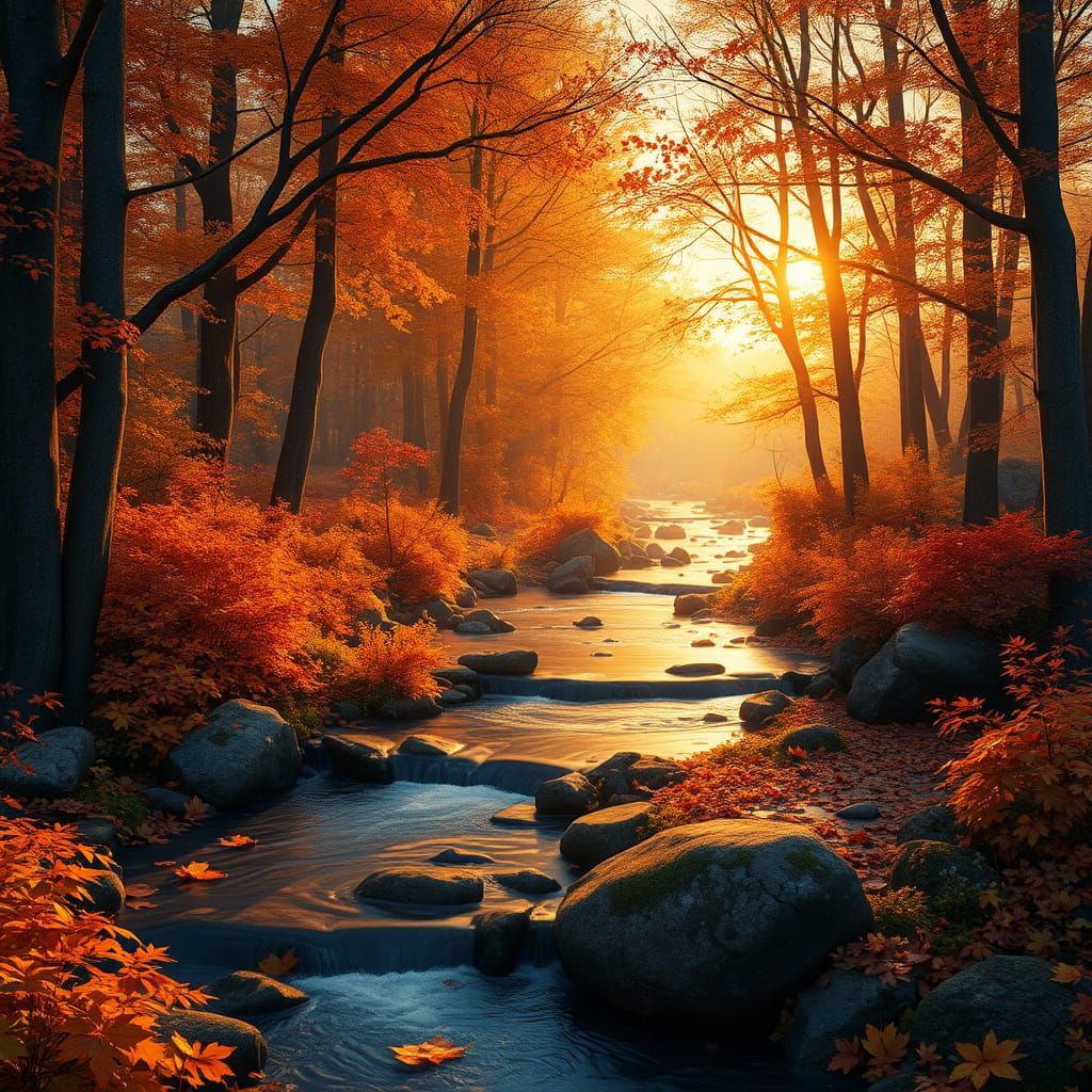 Whimsical Forest at Sunset in Vibrant Autumn Colors