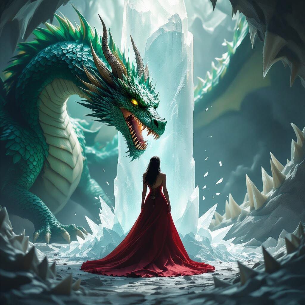 Furious Dragon Biting Selenite Pillar in Cinematic Style