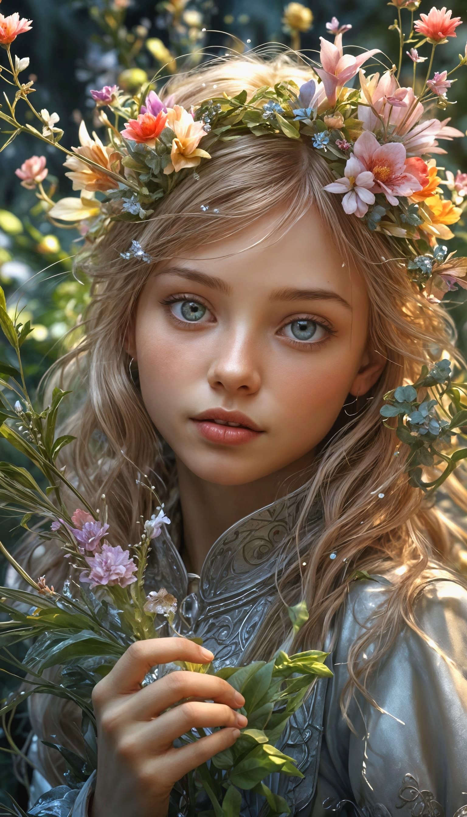 Sparkling Girl Nurturing Magical Flower in Photorealistic HD...