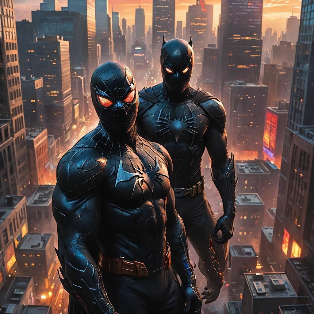 Hyperrealistic Black Spiderman and Batman in Cityscape