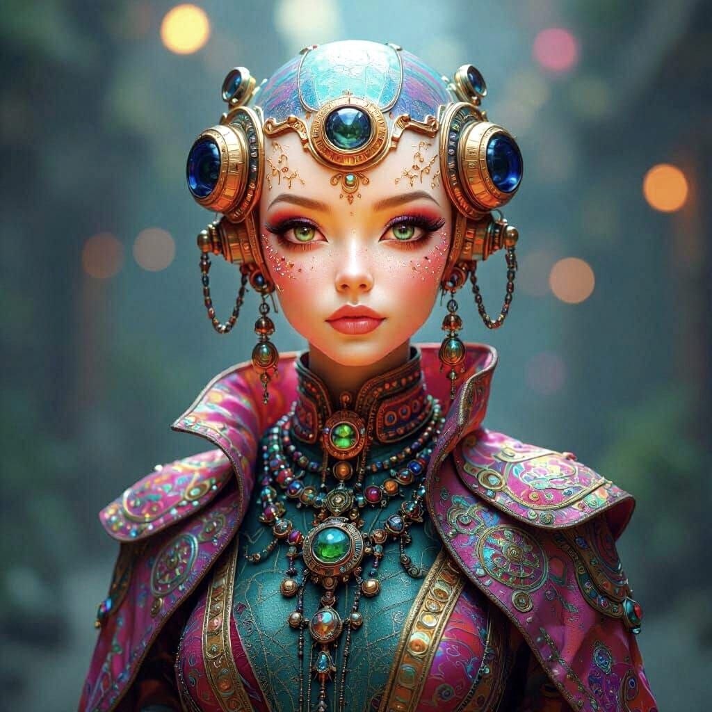 Exoplanetary Being with Iridescent Clothing in Hyperrealism