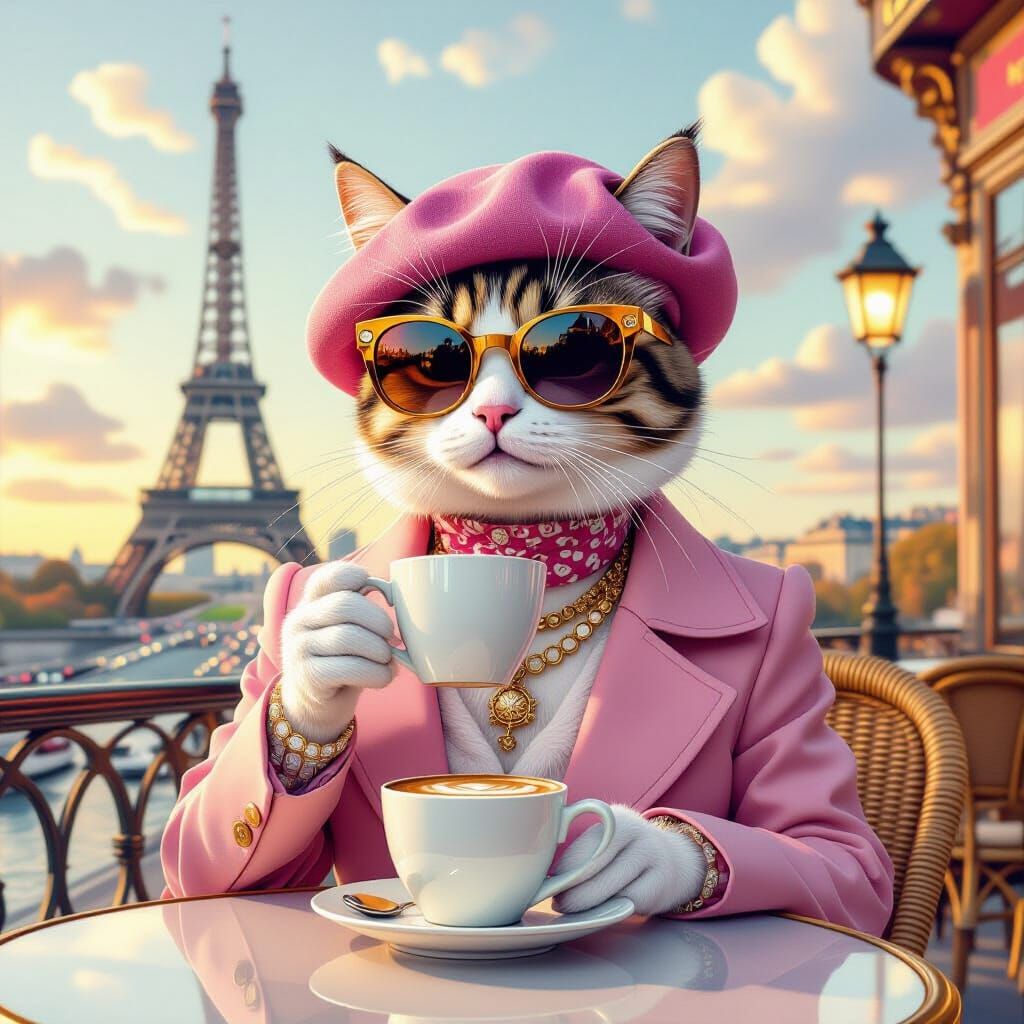 Sophisticated Cat Fashionista in Paris, Neo-Impressionism