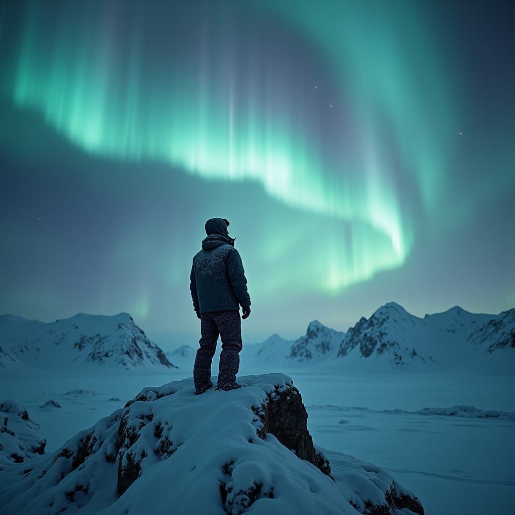Aurora Borealis Over Snow Mountain in Hyperrealism