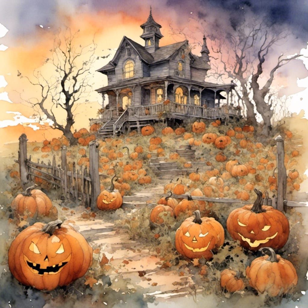 Haunted Pumpkin Patch Watercolor Painting at Sunset