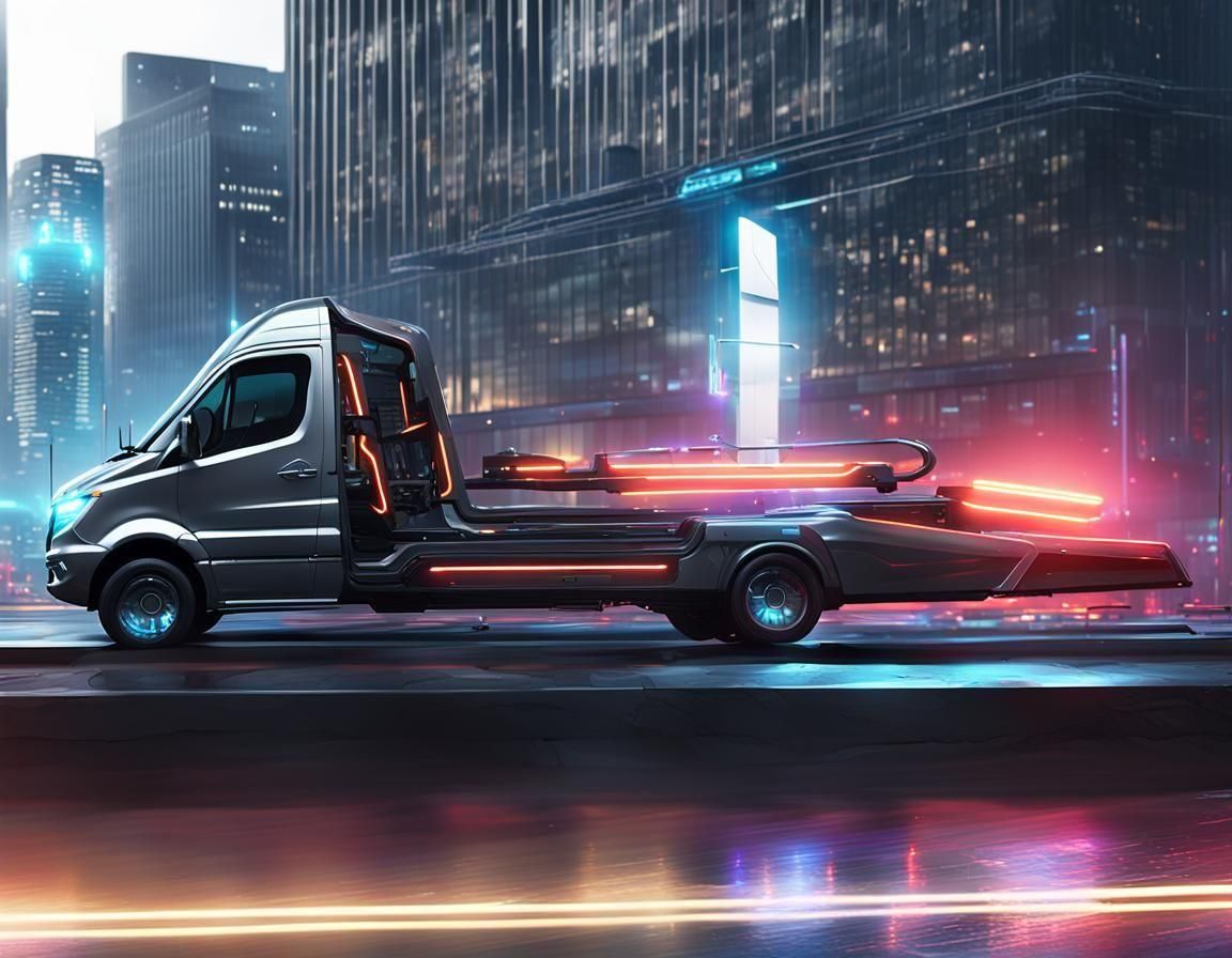 Luxurious Futuristic Tow Truck in Cyberpunk City
