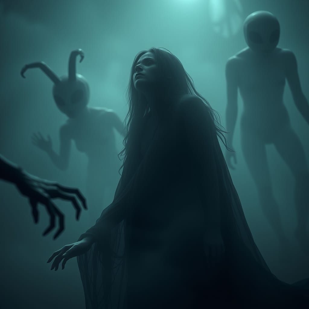 Mystical Woman in Shadowy Supernatural Scene