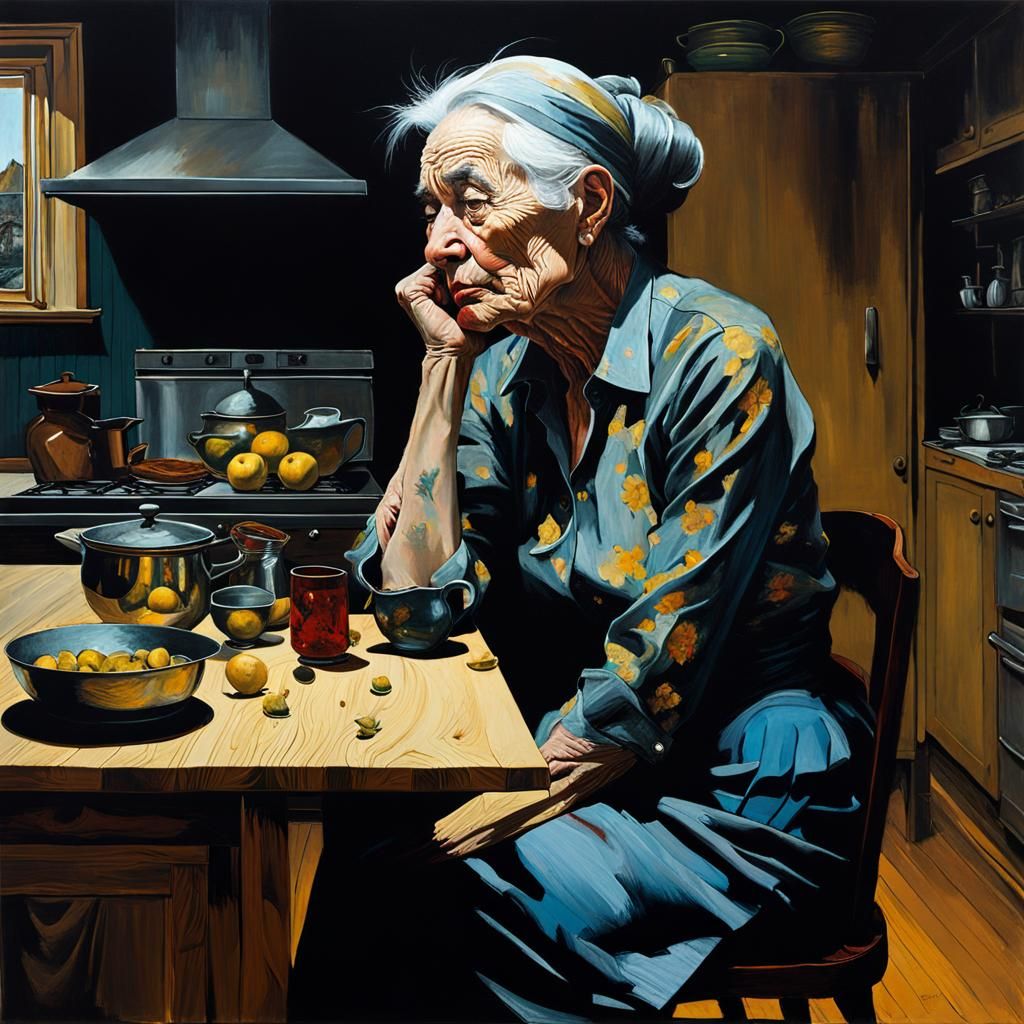 Wrinkled Woman at Kitchen Table in Surreal Dark Art