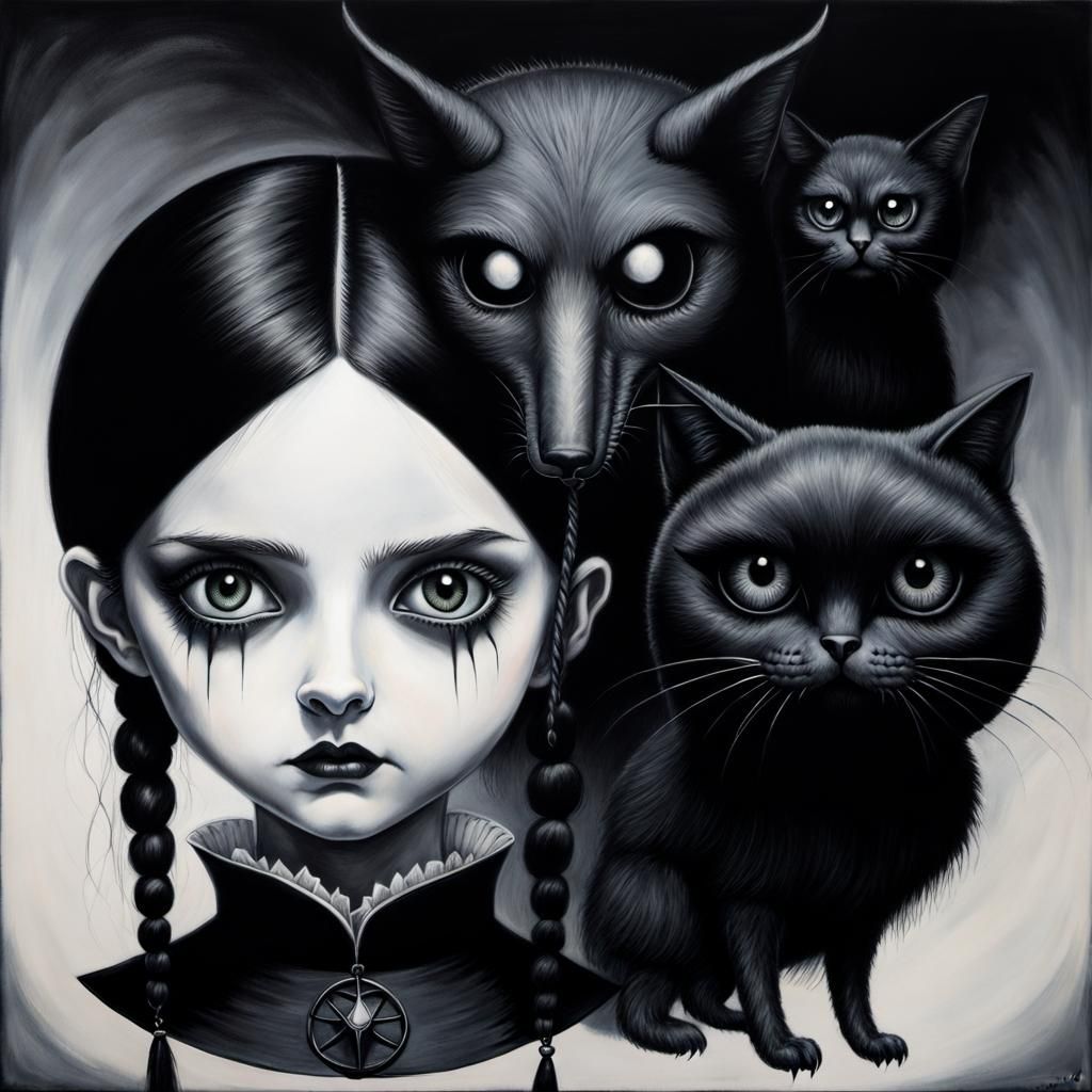 Wednesday Addams and Shadow Monster in Gothic Charcoal Style
