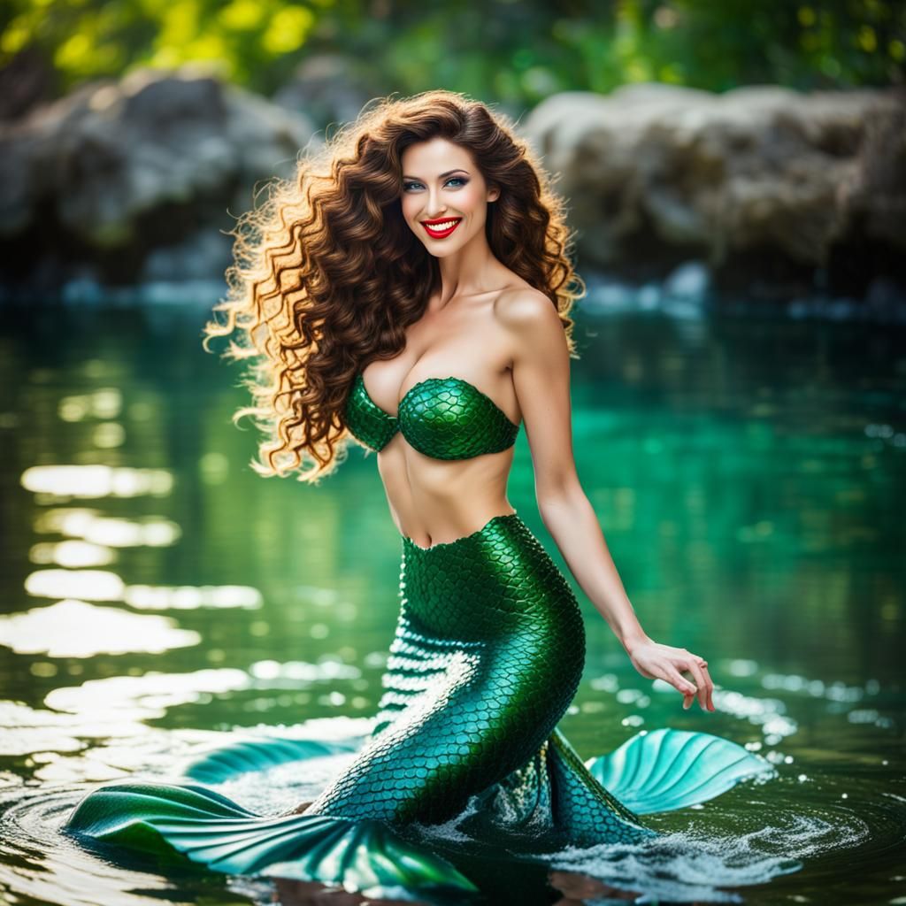 Beautiful brunette skinny mermaid with very long curly hair green eyes red lips smiling