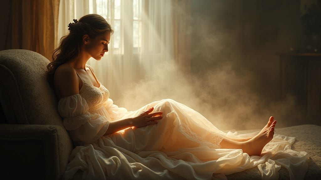 Woman in Serene Contemplation with Painful Foot in Ethereal ...