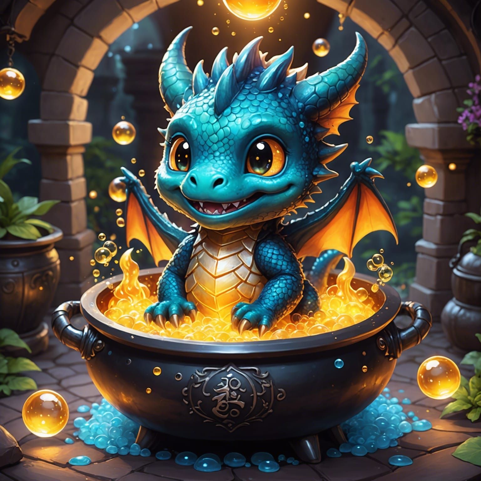 Chibi Dragon in Fairycore Cauldron