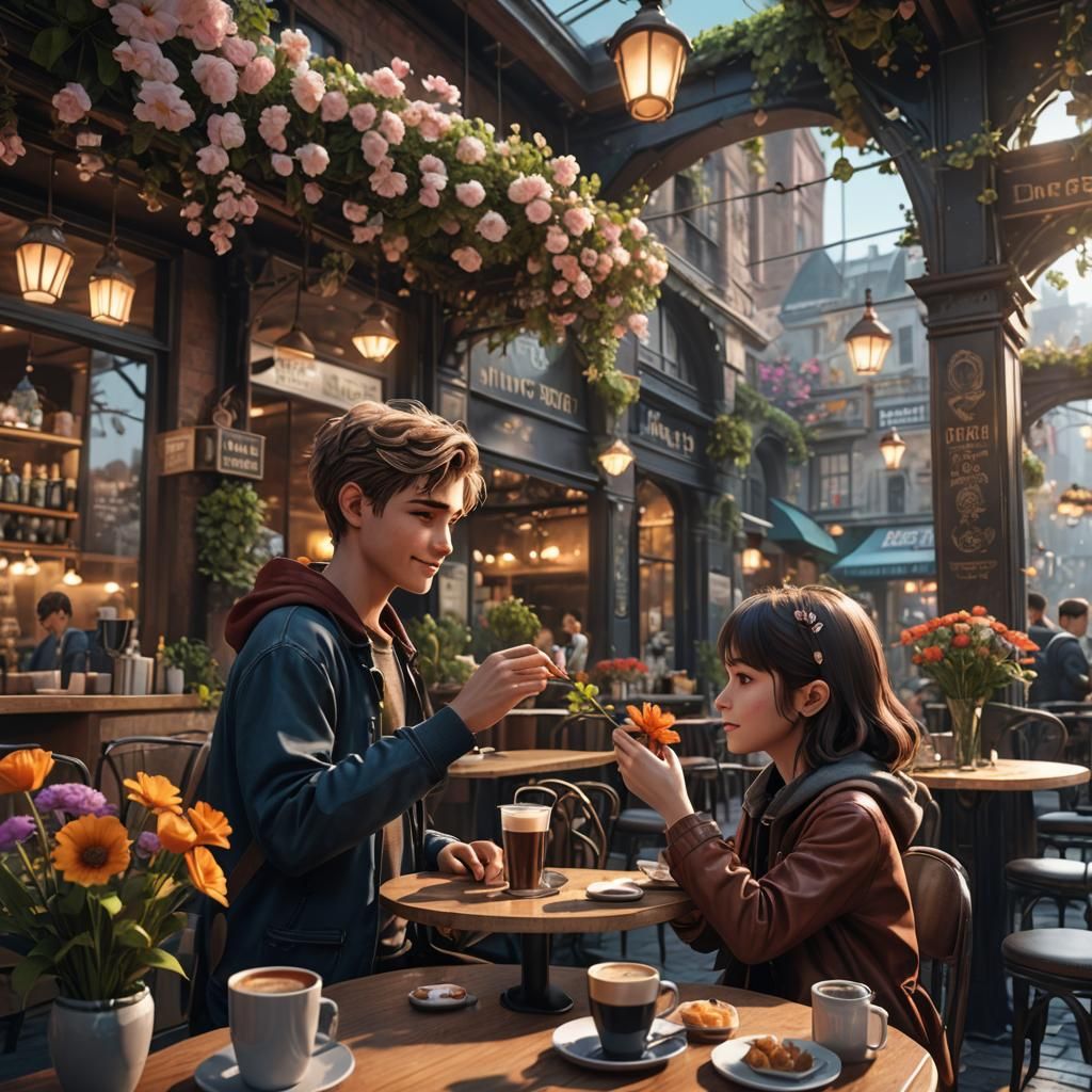 Romantic Cafe Date in Vibrant Fantasy World