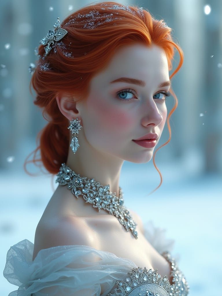 Majestic Snow Queen with Red Hair in Baroque Gown
