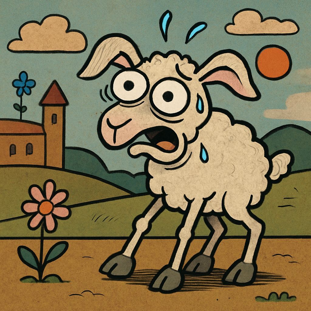 Anxious Lamb in Monty Python Animation Style