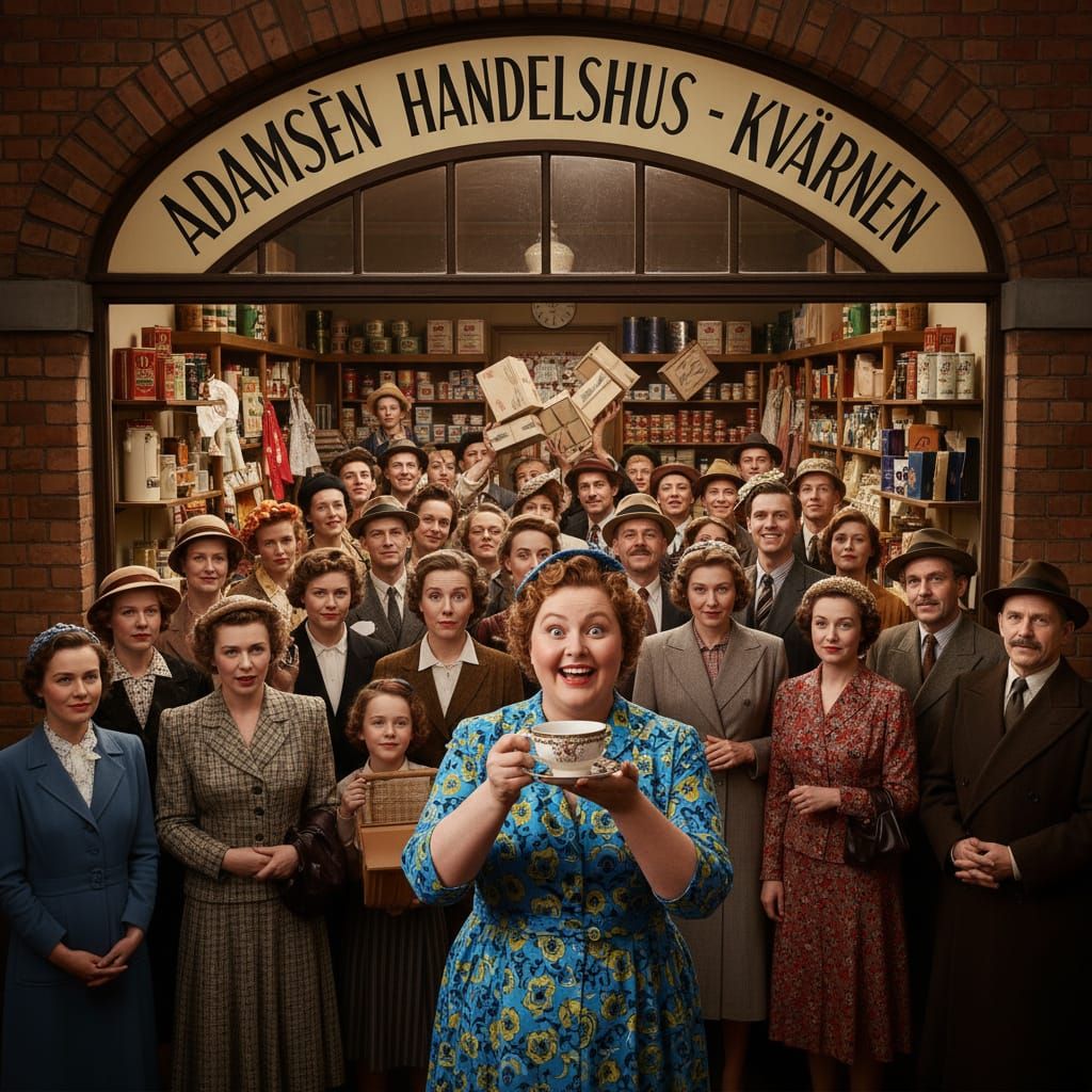 1940s Swedish Store Scene with Cheerful Customer
