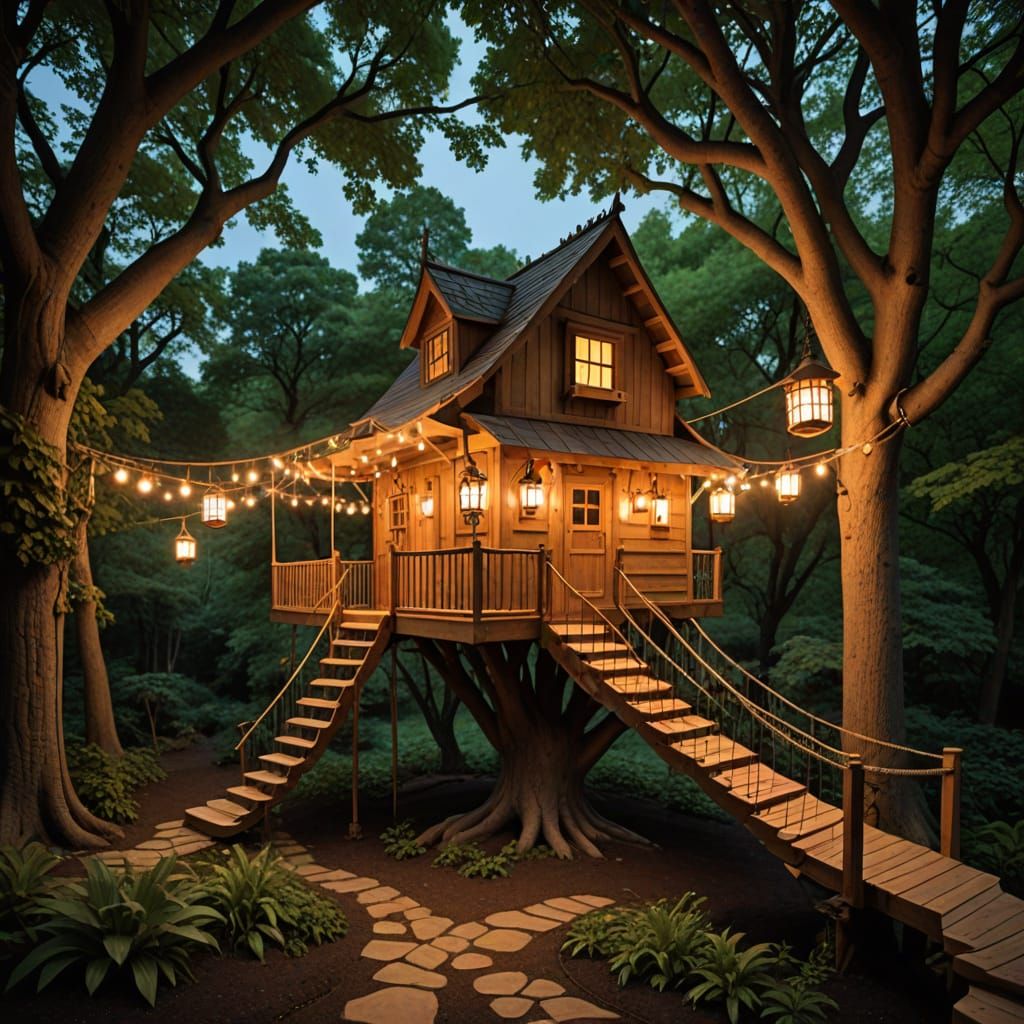 Enchanted Treehouse with Rope Bridges and Lanterns