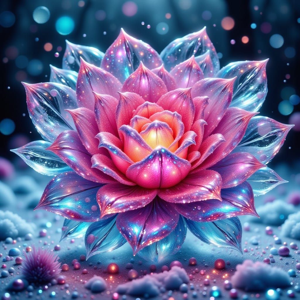 A brightly colored ice/frozen flower made of ice, shiny<lora:CindysAinkflowers:1.0> <lora:Pink imagination flx:1.0> <lor...