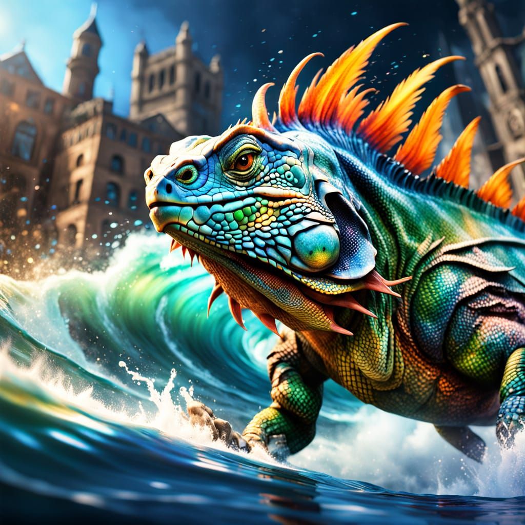 Iguana Surfer Rides Dynamic Wave in Fantasy Concept Art
