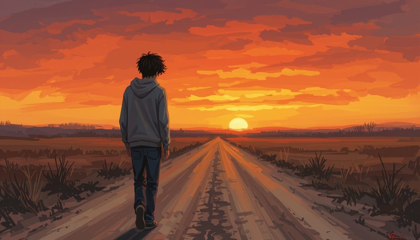 Teen Boy Walks into Fiery Sunset, Oil Painting